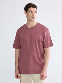 Oversize Fit Bisiklet Yaka Bask?l? Erkek Ti??rt