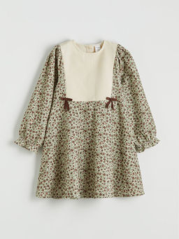 Bisiklet Yaka ?i?ekli Kadife K?z ?ocuk Elbise