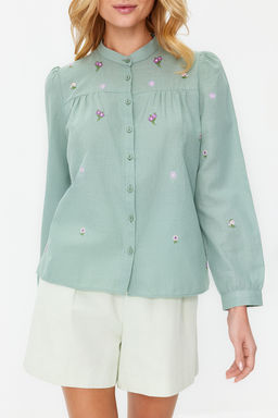 Yesil Cicek Nak?s Nak?s Detayl? Regular Normal Kal?p Dokuma Gomlek TWOSS23GO00152
