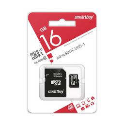 Карта памяти Micro-SDHC 16Гб "SmartBuy" Class10 UHS-I, + адаптер SD