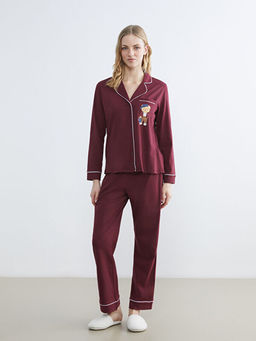 G?mlek Yaka Ay? Teddy Bask?l? Kad?n Pijama Tak?m?