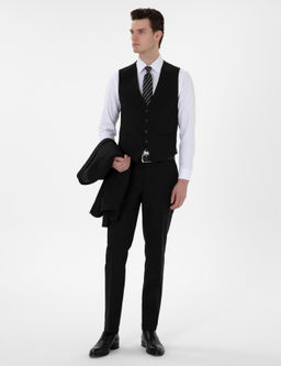 Siyah Ex. Slim Fit Yelekli Tak_m Elbise