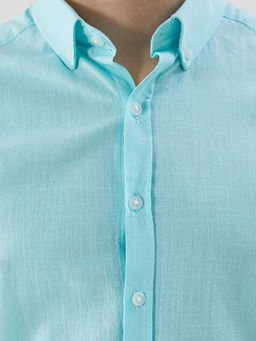 Slim Fit K?sa Kollu Keten Kar???ml? Erkek G?mlek