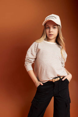 Полосатая футболка с длинными рукавами и круглым вырезом для девочек - Defacto фото 2