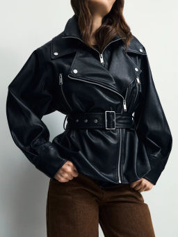 Куртка-косуха с ремнем на поясе из искусственной кожи / Zarina  фото 2