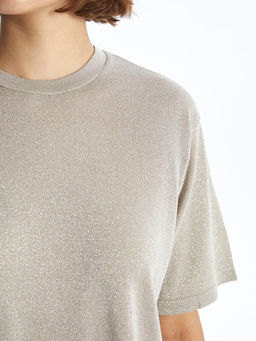 Bisiklet Yaka Parlak G?r?n?ml? K?sa Kollu Oversize Kad?n Triko Kazak