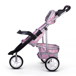 Коляская кукольная металлическая, 3-х колесная, с корзиной, козырьком и столиком