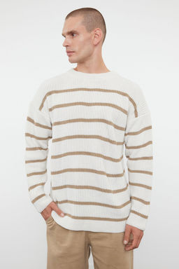 Vizon Casual Oversize Bisiklet Yaka Cizgili Triko Kazak TMNAW23KZ00285