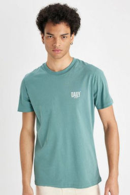 Slim Fit Dar Kesim Bisiklet Yaka Bask?l? Pamuklu K?sa Kollu Tisort