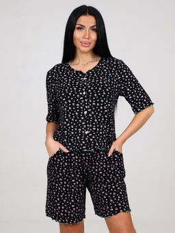 429 ДОМАШНИЙ КОСТЮМ ЖЕНСКИЙ (шорты) (Чёрный(цветочки))