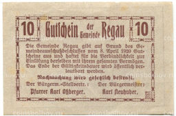 Банкнота 10 геллеров 1920 года Австрия  Регау (нотгельд)