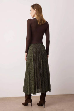 Haki-Kahverengi Ekoseli Astarl? Sifon K?r?s?k Efektli Maxi Asimetrik Etek TWOSS26ET00045