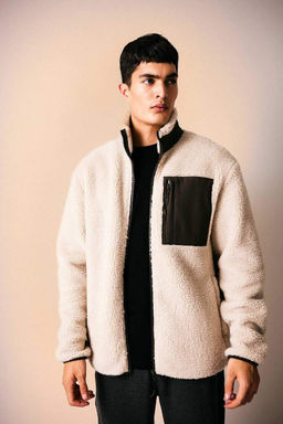 Плюшевое пальто унисекс с воротником-стойкой на молнии - Defacto фото 5