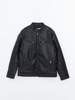 Slim Fit Biker Yaka Erkek Deri G?r?n?ml? Ceket