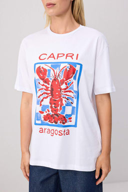 Beyaz %100 Pamuk Istakoz Bask_l_ Bisiklet Yaka Oversize _rme T-Shirt TWOSS26TS00351 - Trendyolmilla фото 3