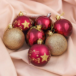 Ёлочные игрушки Звёздная мелодия, шары новогодние, d=6 см, набор 7 шт., золотисто-бордовый