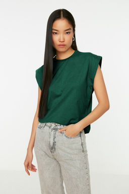 Zumrut Yesili Detayl? %100 Pamuk Vatka Gorunumlu Basic Bisiklet Yaka Orme T-Shirt TWOSS20TS0021