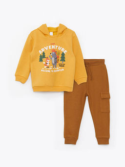 Kap??onlu Uzun Kollu Bask?l? Erkek Bebek Sweatshirt ve Pantolon 2li Tak?m