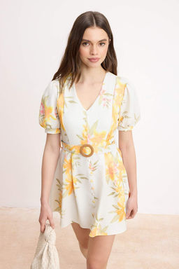 Cok Renkli Cicekli K?sa / Mini Dokuma Elbise TWOSS26EL00858