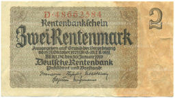 Банкнота 2 рентенмарки 1937 года Германия