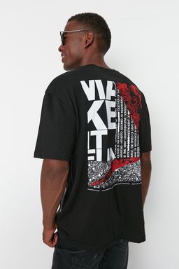 TRENDYOL MAN Siyah Oversize/Genis Kesim K?sa Kol Yaz? Bask?l? %100 Pamuklu T-Shirt TMNSS21TS1064 - Trendyolmilla фото 4