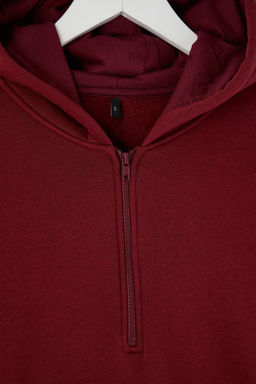 Teen Bordo Kapusonlu Kal?n Ici Polarl? Yar?m Pat Fermuarl? Cepli Orme Sweatshirt TWOAW26SW00160 - Trendyolmilla фото 5