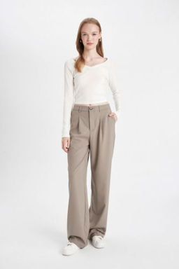 Klasik Pantolon Wide Leg Genis Bol Paca Basic Duz Cift Cepli Yuksek Bel Standart Boy