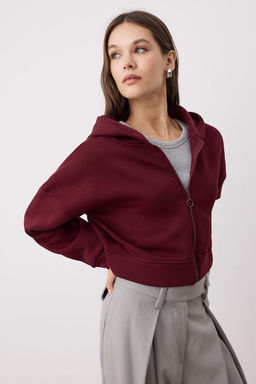 Bordo Fermuarl? Kapusonlu Rahat Kesim Crop Kal?n Ici Polarl? Orme Sweatshirt TWOAW20SW0660