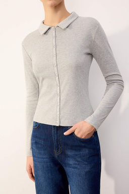 Gri Melanj Fitted/Vucuda Oturan Polo Yaka Dugmeli Pamuk Ribana Orme Bluz TWOSS26BZ00066 - Trendyolmilla фото 7