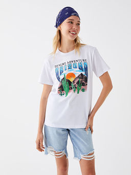 Bisiklet Yaka Bask?l? K?sa Kollu Kad?n Ti??rt