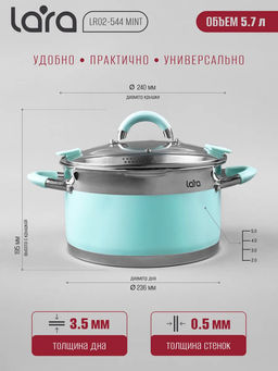 Кастрюля (нерж) MINT 24x13см, 5.7л, носик, индукционное дно, крышка с бортом LR02-544 /LARA/  фото 4