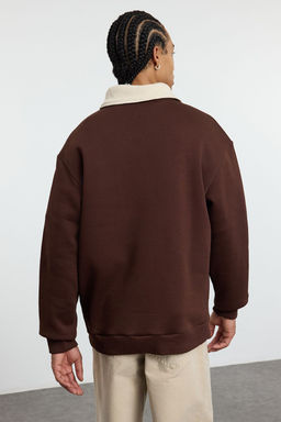 Kahverengi Oversize/Genis Kesim Dik Yaka Fermuarl? Ici Polarl?/S?cak Tutan Sweatshirt TMNAW25SW00081