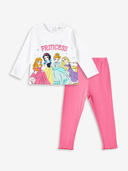 Bisiklet Yaka Uzun Kollu Cinderalla Bask?l? K?z Bebek Ti??rt ve Tayt 2li Tak?m