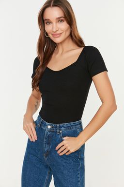 Siyah Fitted/Vucuda Oturan Fitilli Pamuk Esnek Orme Bluz TWOSS21BZ0579