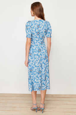 Mavi Cicekli A Kesim Viskon Midi Dokuma Elbise TWOSS24EL00491 - Trendyolmilla фото 6