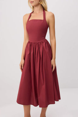 Bordo Boyundan Ba_l_ Poplin Maxi Dokuma Elbise TWOSS25EL00881 - Trendyolmilla фото 4
