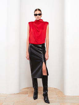 Dik Yaka D?z Saten Kad?n Bluz