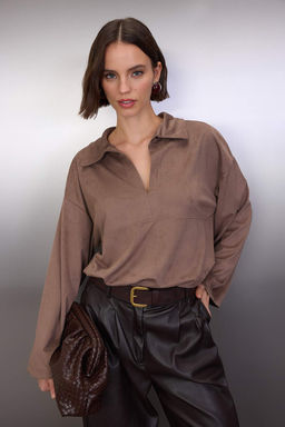 Koyu Kahverengi Relaxed/Rahat Kal?p Orme Suet Gomlek TWOAW26GO00103