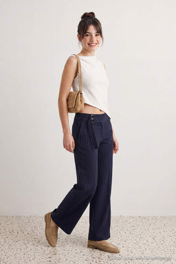 Lacivert Kal_n Kemerli _izgili Wide Leg/Geni_ Pa_a Pantolon TWOAW27PL00027