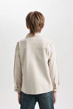 Бежевая рубашка стандартного кроя с воротником-поло и длинными рукавами и двойными карманами для мальчиков - Defacto фото 5