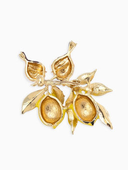Брошь "Воробьи на ветке лимона", цветная в золоте
