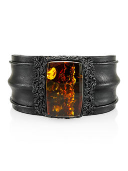 Роскошный браслет Нефертити из чёрной кожи и натурального янтаря