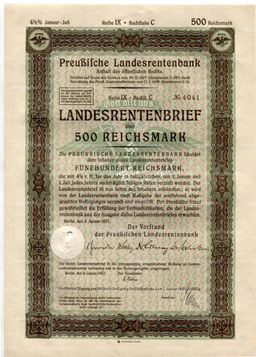 Облигация 4,5% 500 рейхсмарок 1937 года Германия