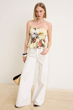 Cok Renkli Desenli Straplez Dokuma Poplin Bluz TWOSS26BZ00491