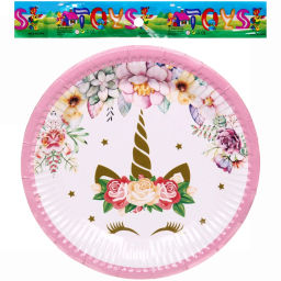 Цена за 6 шт. Тарелка бумажная 18 см в наборе 10 шт "Единорожка в цветах" розовая