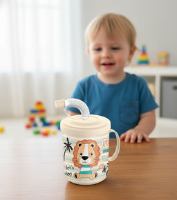 Цена за 2 шт. Кружка детская с крышкой, трубочкой и колпачком 300мл с декором"Львенок"(светло-бежевый)221502025/01