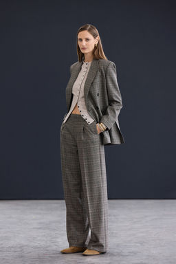 Trendyol Studio Kahverengi Ekoseli/Kareli Genis Paca/Wideleg Dokuma Pantolon TWOAW26PL00129