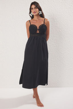 Siyah Dokuma Dantel Maxi Plaj Elbise TBESS25EL00058