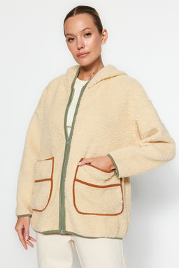 TRENDYOLMILLA Ekru Kal?n Polar Kontrast Biyeli Kapusonlu Relaxed/Rahat Kal?p Orme Sweatshirt TWOAW24SW00021