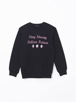 Bisiklet Yaka Bask?l? K?z ?ocuk Sweatshirt